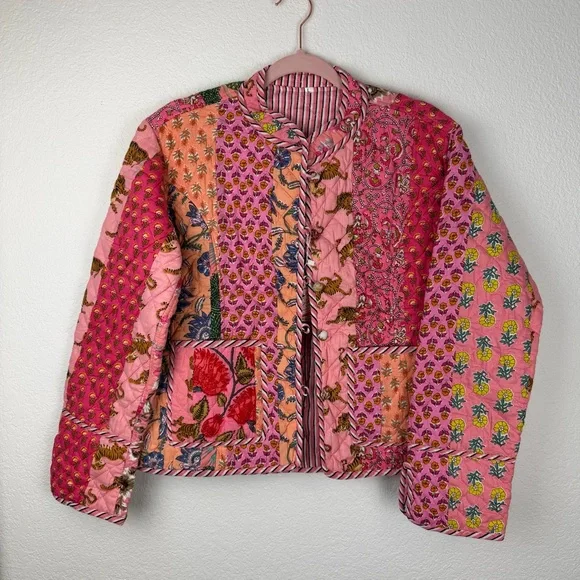NWT Stella Impex Handmade Cotton Peach Patchwork Quilted Jacket Pink Small - Picture 2 of 10
